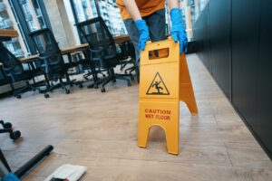 man putting cleaning in progress sign to prevent falls