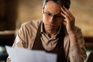 business owner looking at business income insurance documents